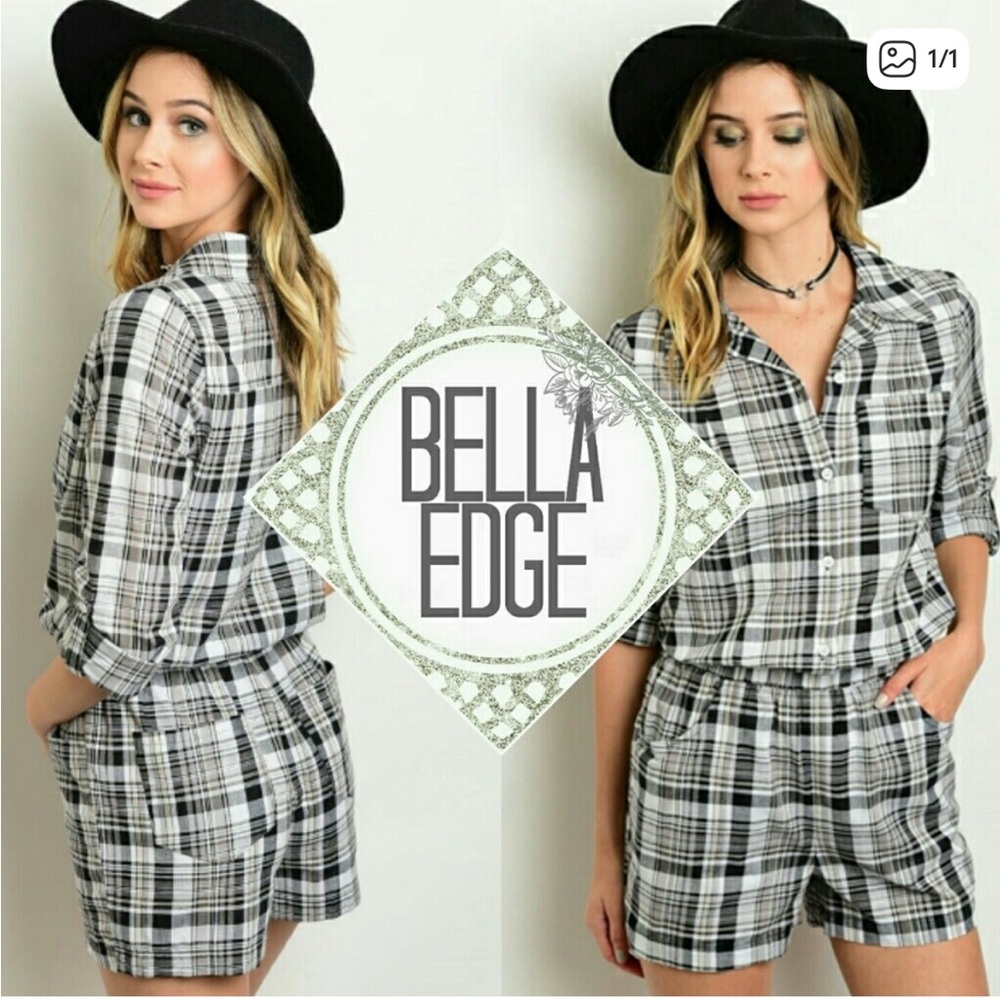 Black and White Plaid Long Sleeve Romper